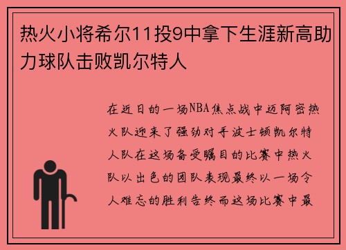 热火小将希尔11投9中拿下生涯新高助力球队击败凯尔特人