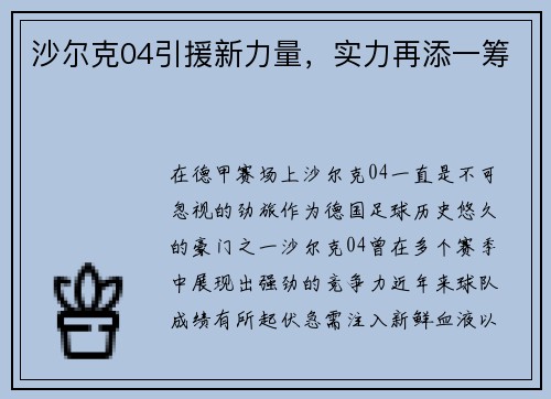 沙尔克04引援新力量，实力再添一筹