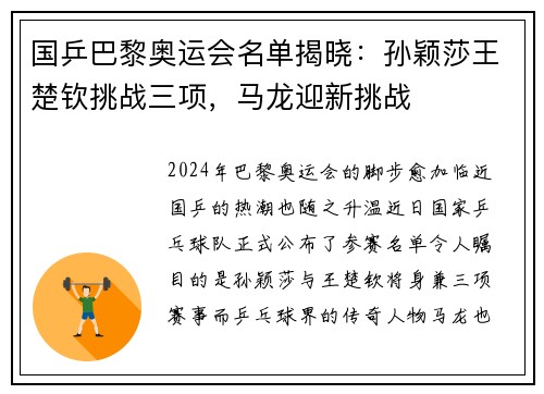 国乒巴黎奥运会名单揭晓：孙颖莎王楚钦挑战三项，马龙迎新挑战