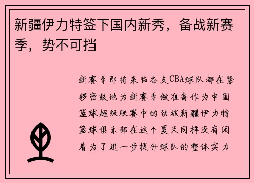 新疆伊力特签下国内新秀，备战新赛季，势不可挡